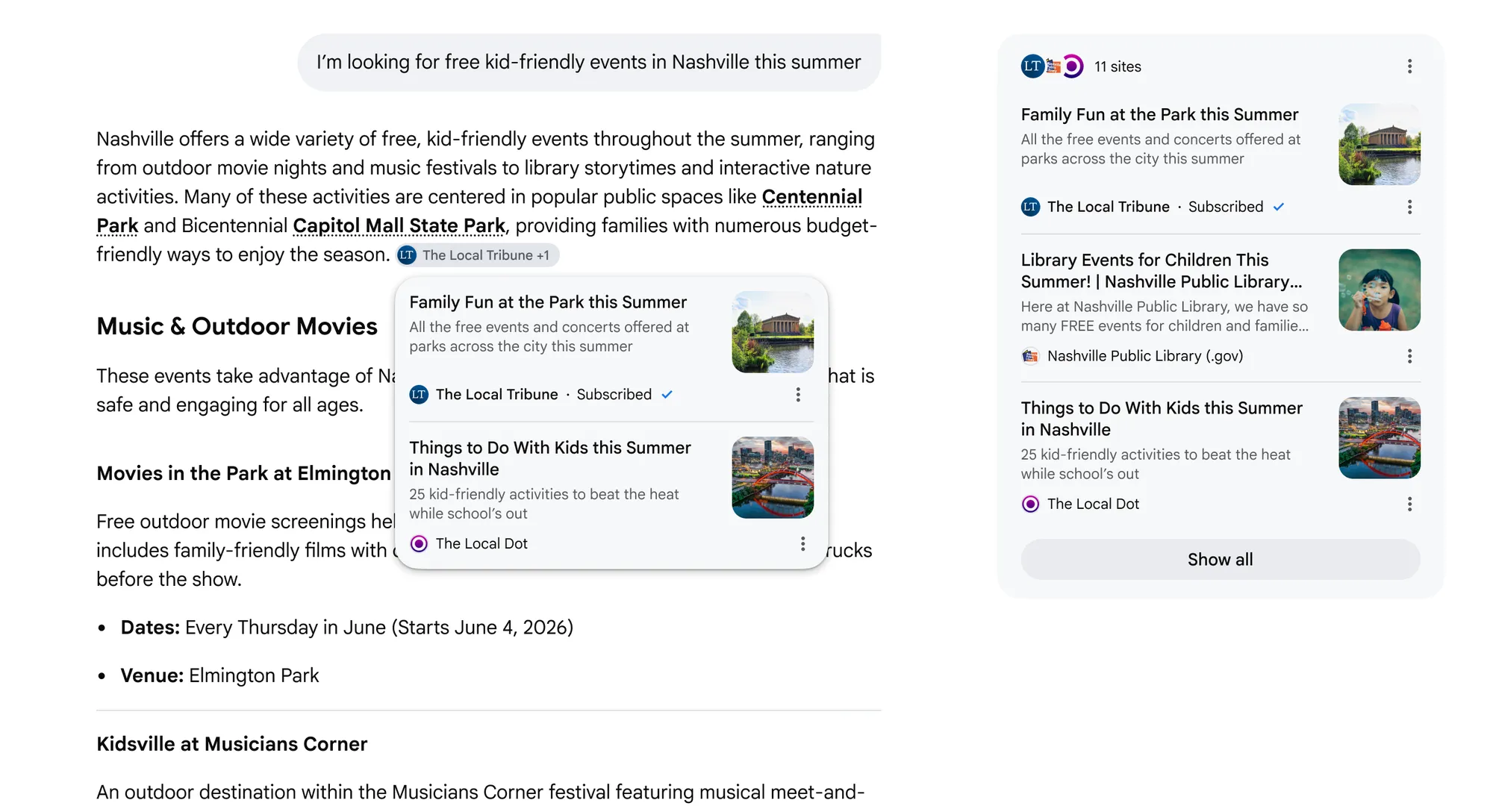 Captură de ecran din anunțul oficial Google (mai 2026, „5 new ways to explore the web with generative AI in Search”): un răspuns AI Mode pentru interogarea „I'm looking for free kid-friendly events in Nashville this summer”, în care sursa The Local Tribune apare marcată cu eticheta „Subscribed”, alături de un panou cu surse conexe recomandate de Google AI Search.