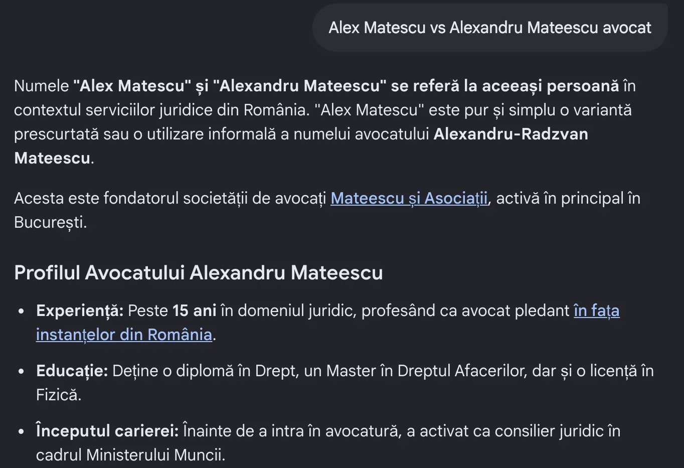 Google AI Mode F3 Alex Matescu vs Alexandru Mateescu avocat